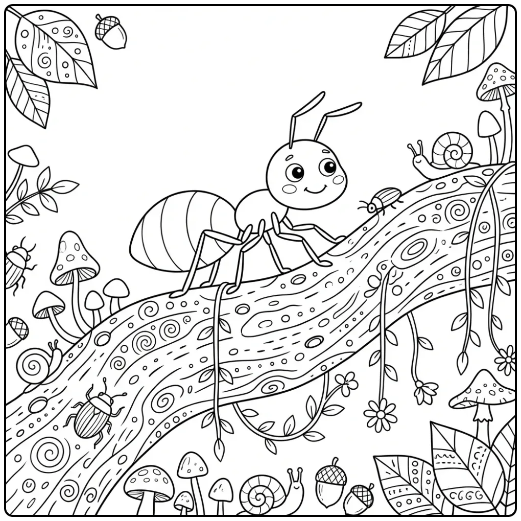 Een schattige kleurplaat mier wandelend over ruwe schors.