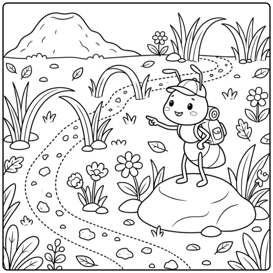 Schattige kleurplaat mier wijst naar een spoor.