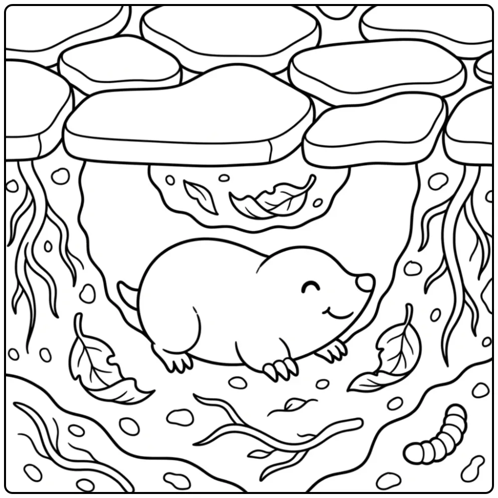 Schattige kleurplaat mol onder een stenen pad in de aarde.