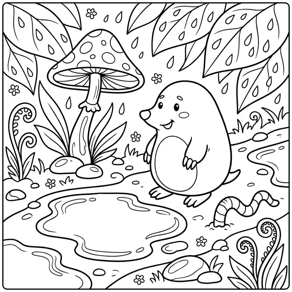 Schattige kleurplaat mol bij een plas water na de regen.