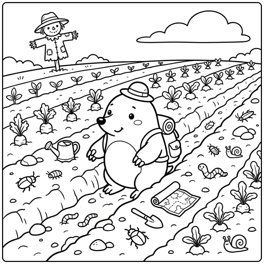 Schattige kleurplaat mol tussen jonge plantjes en steentjes.