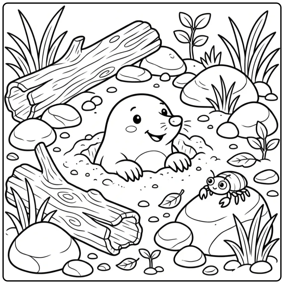 Schattige kleurplaat mol aan de rivieroever met drijfhout.