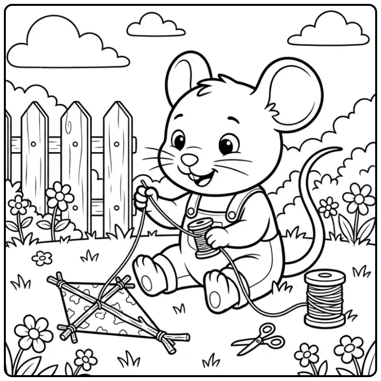 Schattige kleurplaat muis die een kleine vlieger maakt.