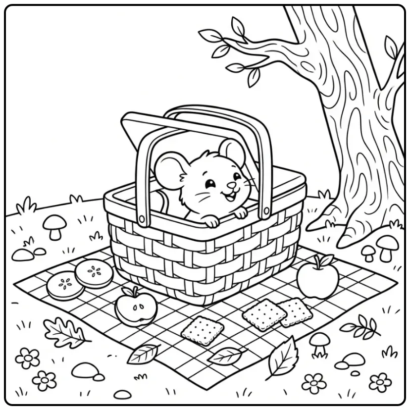 Een schattige kleurplaat muis in een picknickmand met appels.