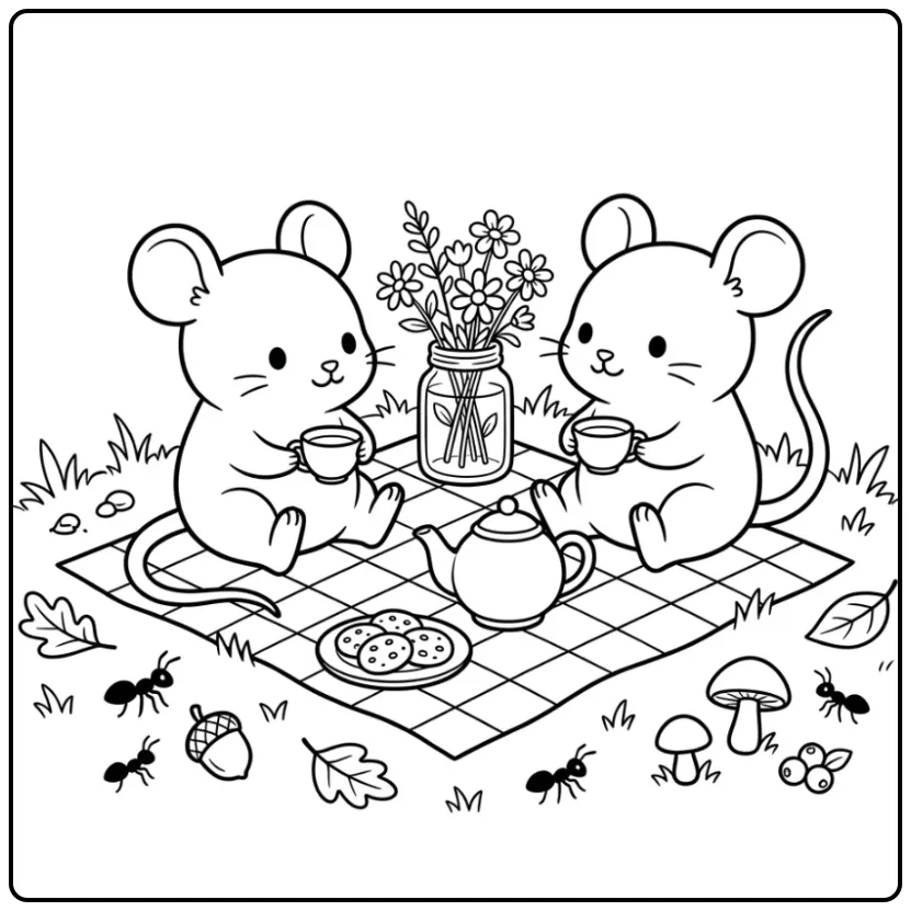 Schattige kleurplaat muis picknick met thee en koekjes.