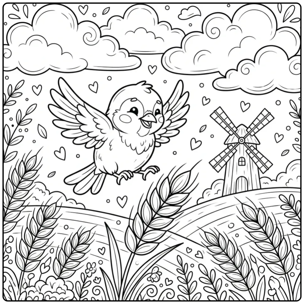 Schattige kleurplaat mus vliegt laag over een korenveld.