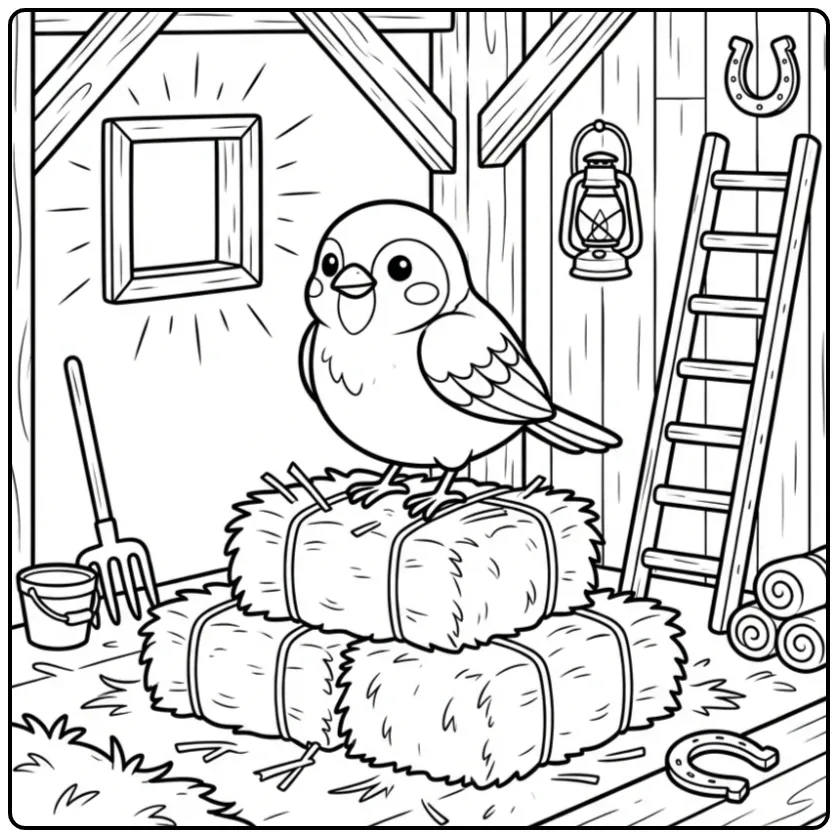 Schattige kleurplaat mus op hooibalen in een boerenschuur.