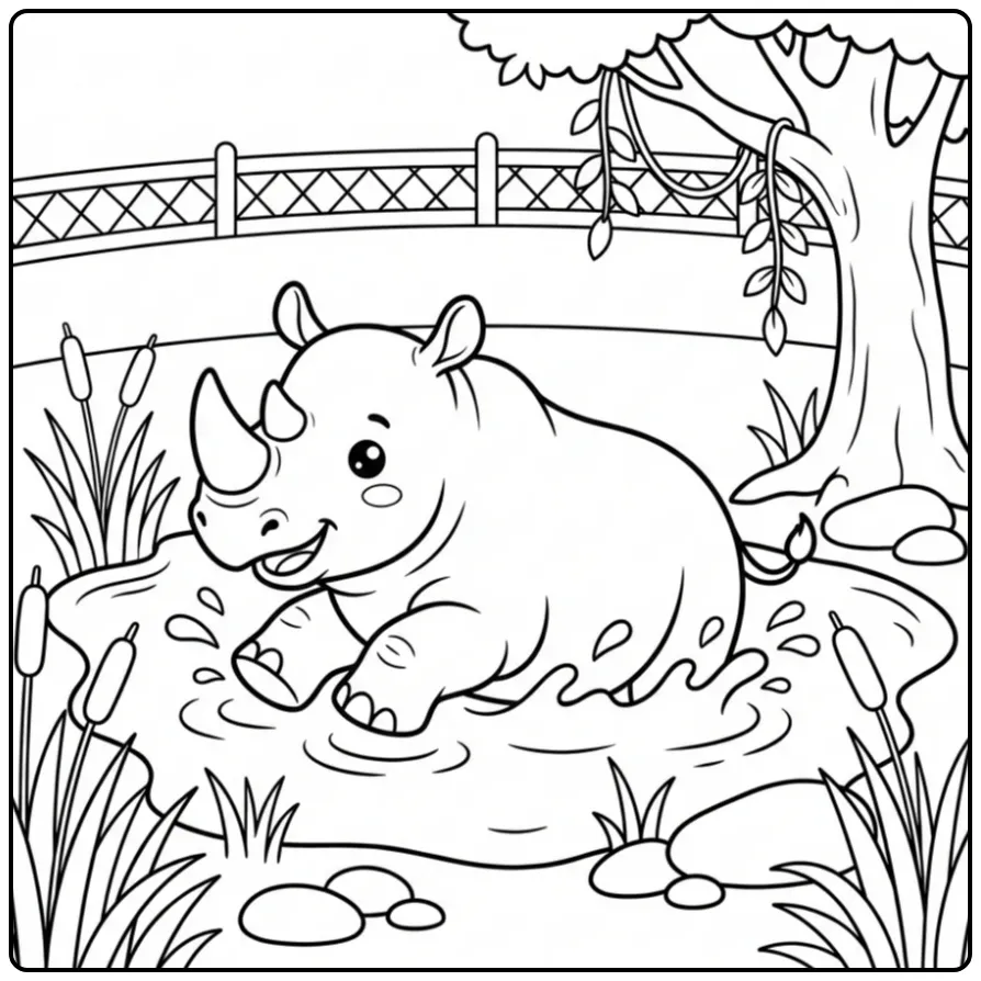 Schattige kleurplaat neushoorn spelend in een modderpoel.