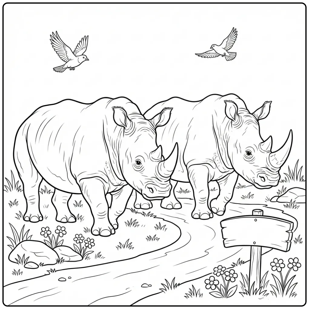 Schattige kleurplaat neushoorn wandelend op een dierentuinpad