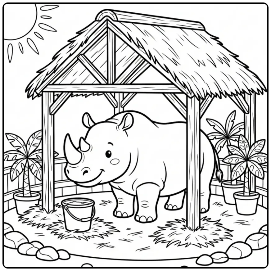 Een leuke kleurplaat neushoorn onder een afdakje in de zoo.