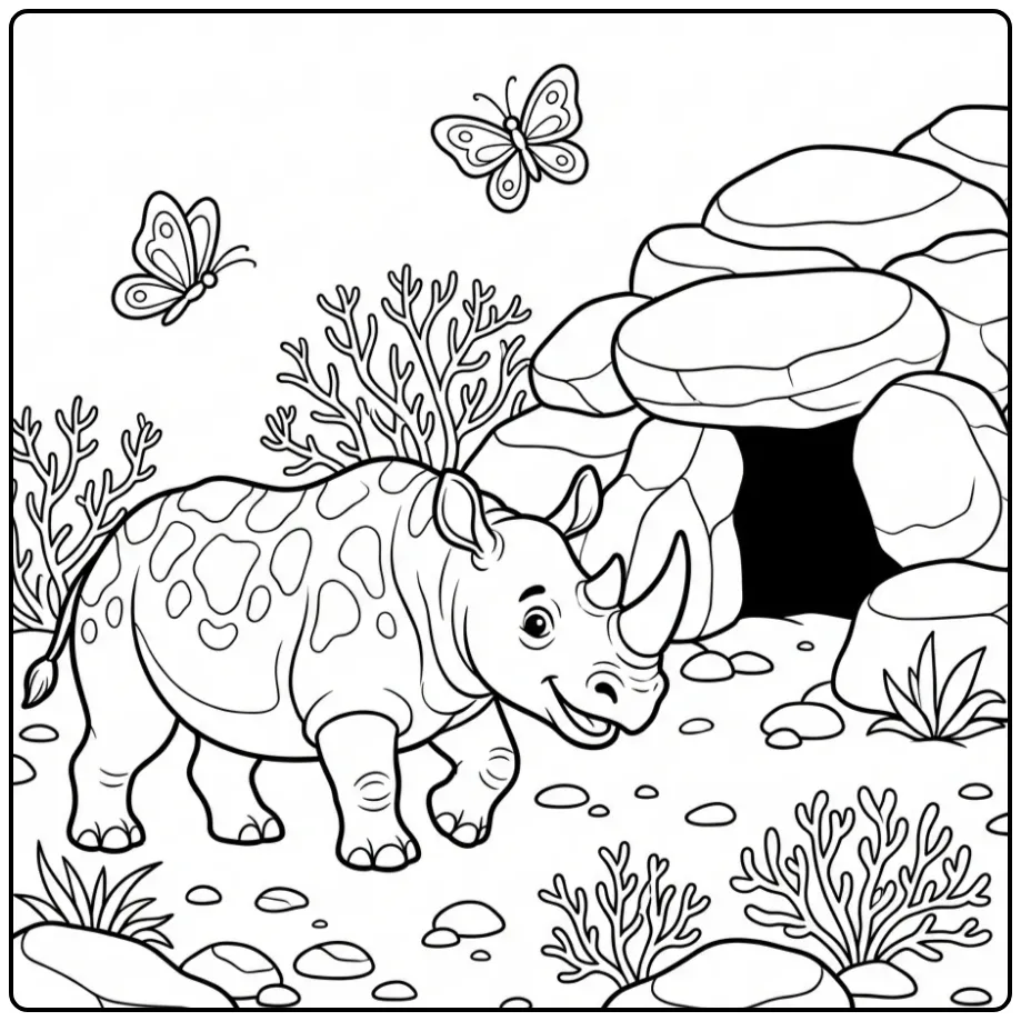 Schattige kleurplaat neushoorn wandelend bij rotsen en vlinders.
