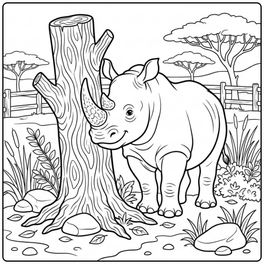 Leuke kleurplaat neushoorn die jeuk heeft aan een paal.