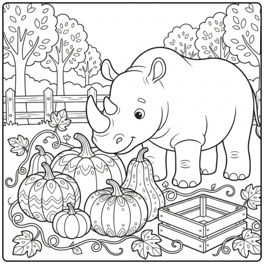 Leuke kleurplaat neushoorn bij pompoenen in de dierentuin