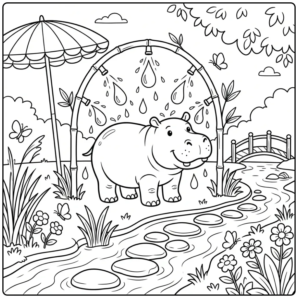 Schattige kleurplaat nijlpaard onder een sproeier met vlinders.