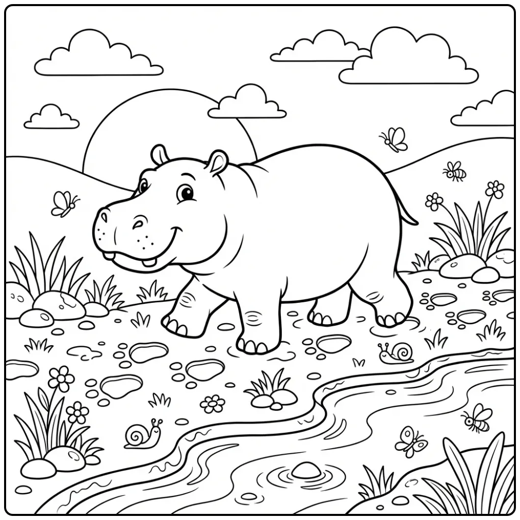 Schattige kleurplaat nijlpaard die langs de oever wandelt.