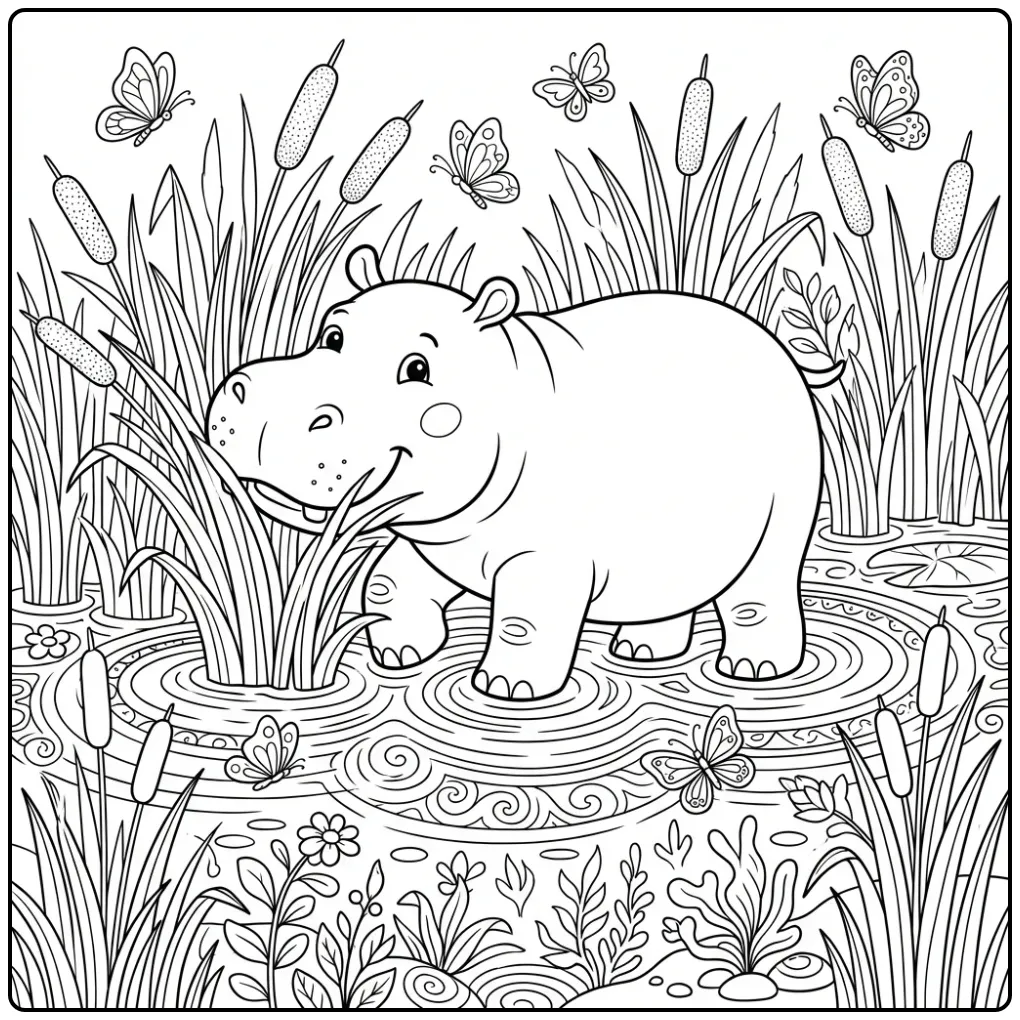 Schattige kleurplaat nijlpaard wadend door riet en water.