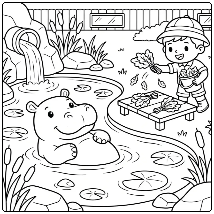 Schattige kleurplaat nijlpaard in het water met oppasser.