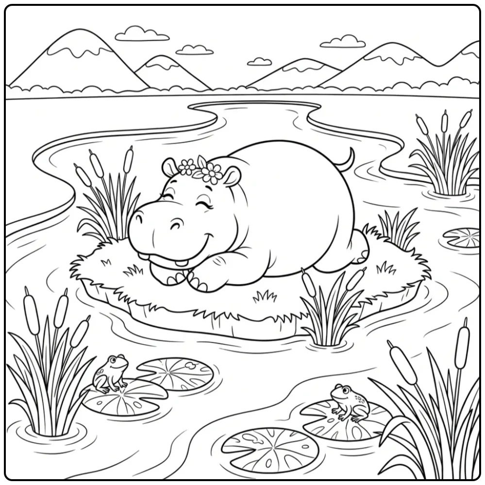 Leuke kleurplaat nijlpaard rustend op een eiland in de rivier.