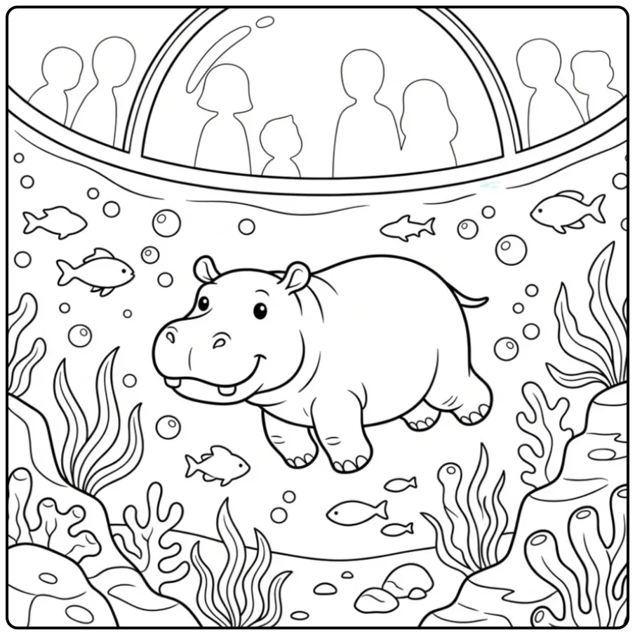 Zwemmende kleurplaat nijlpaard in glazen tunnel met vissen.