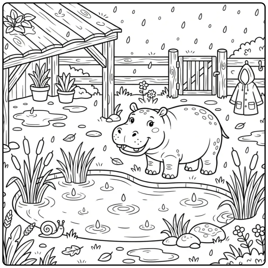 Leuke kleurplaat nijlpaard in de regen bij de dierentuin.