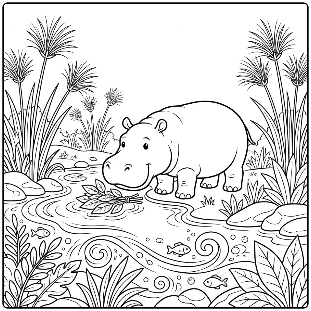 Schattige kleurplaat nijlpaard in rivier met papyrusplanten.