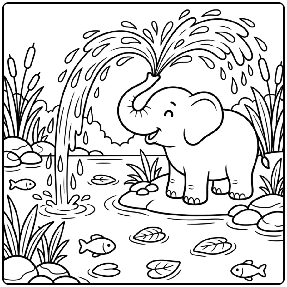 Leuke kleurplaat olifant die water spuit bij de rivier