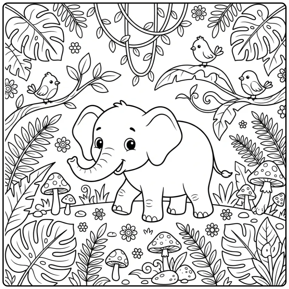 Kleurplaat olifant wandelend door een tropisch oerwoud.