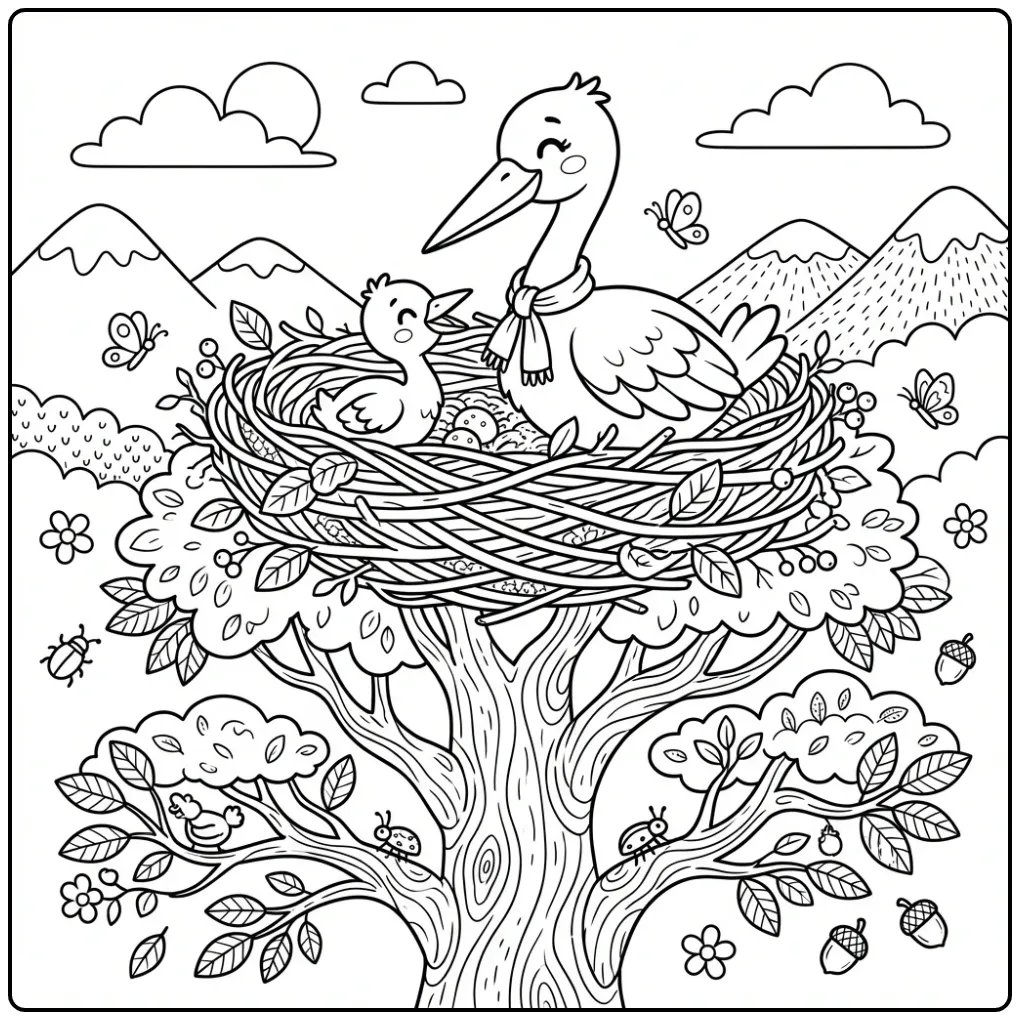 Schattige kleurplaat ooievaar met baby in een groot nest