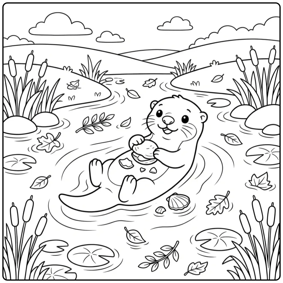 Schattige kleurplaat otter drijvend met een schelp.
