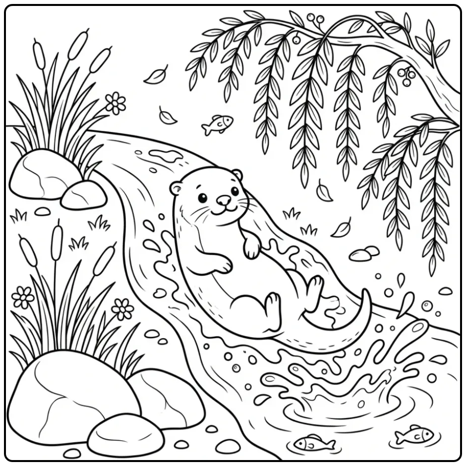 Schattige kleurplaat otter glijdend in het water met spetters