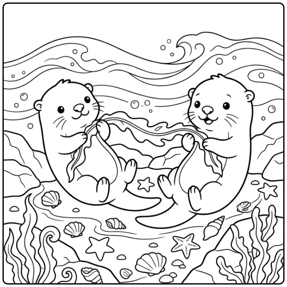 Schattige kleurplaat otter met twee spelende otters en zeewier.