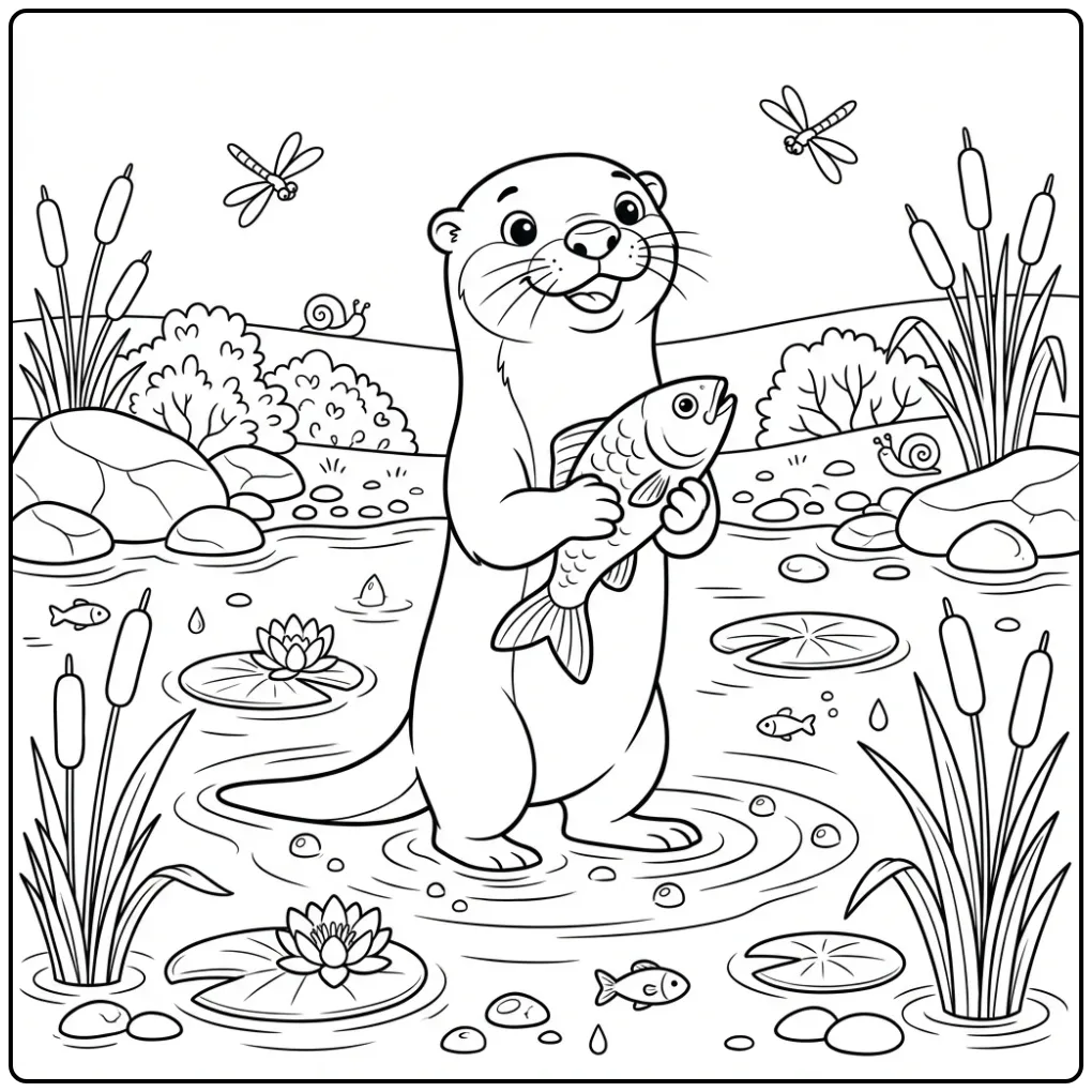 Leuke kleurplaat otter met een vis in het water.