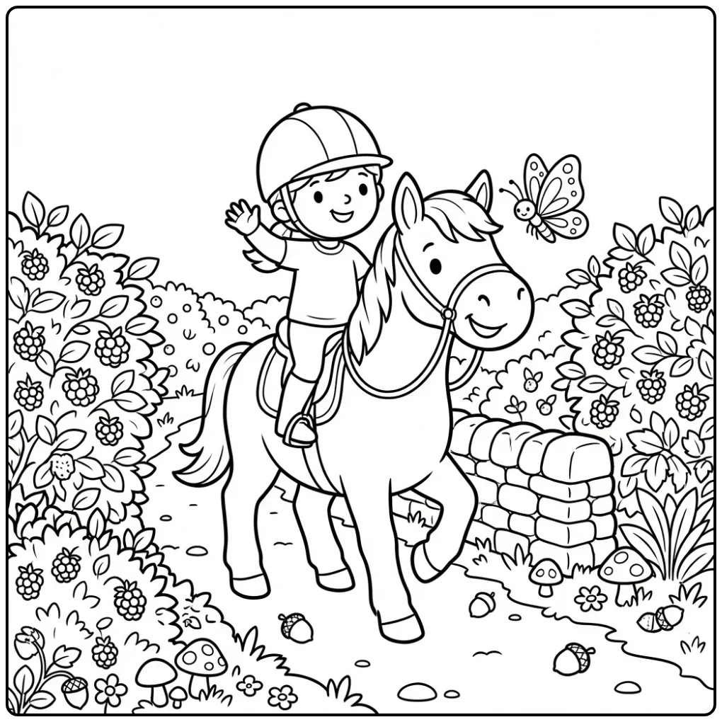 Schattige kleurplaat paard met ruiter tussen de struiken.