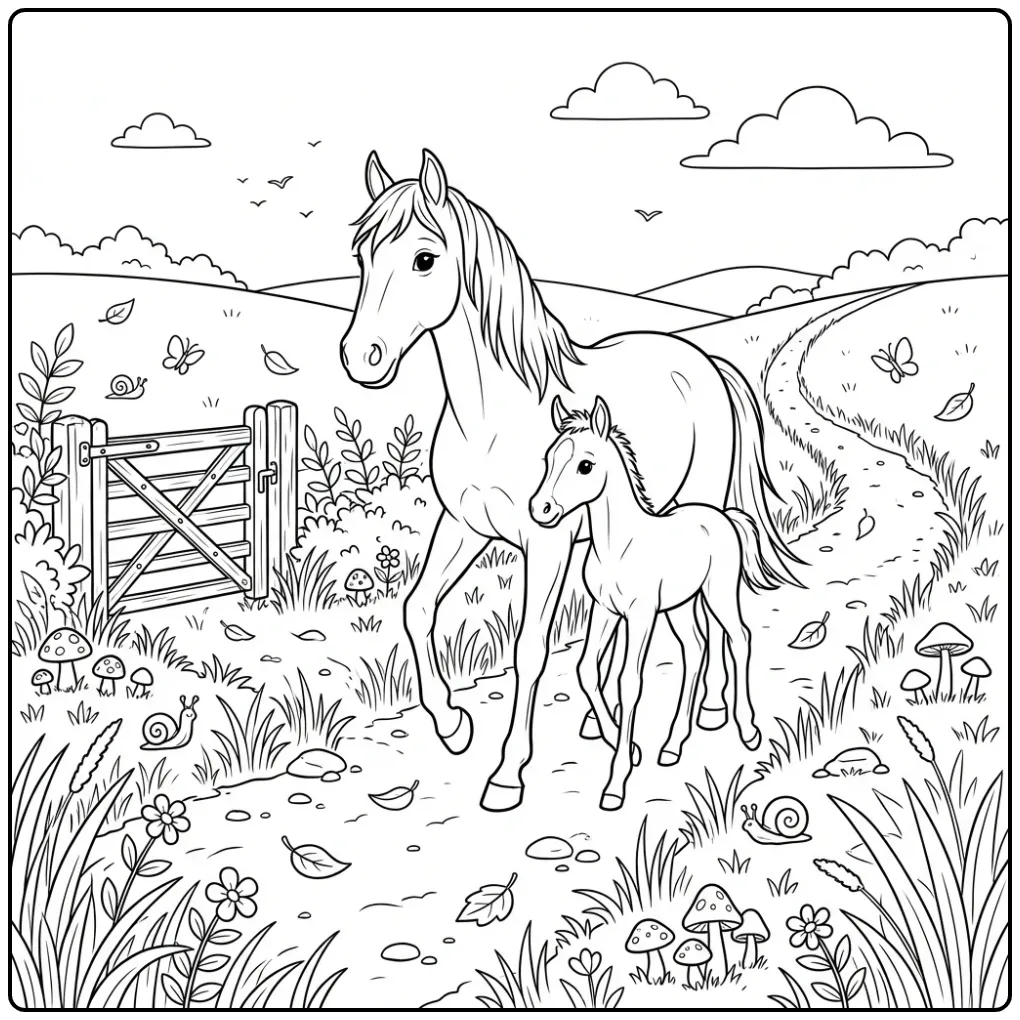 Een schattige kleurplaat paard met veulen op een zandpad.