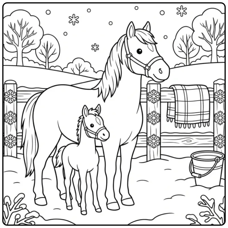 Winterse kleurplaat paard met veulen in de sneeuw.