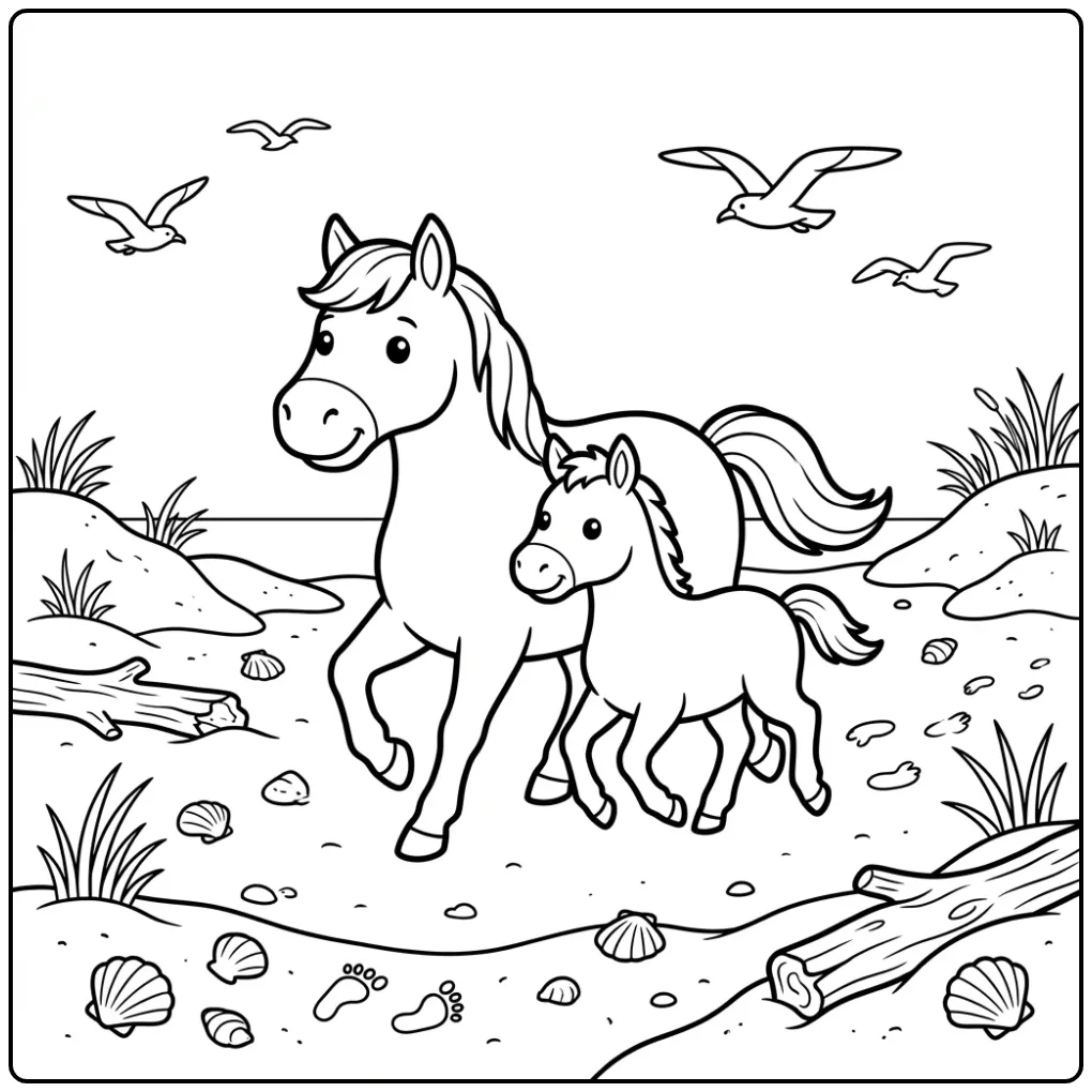 Schattige kleurplaat paard met veulen rennend op het strand.