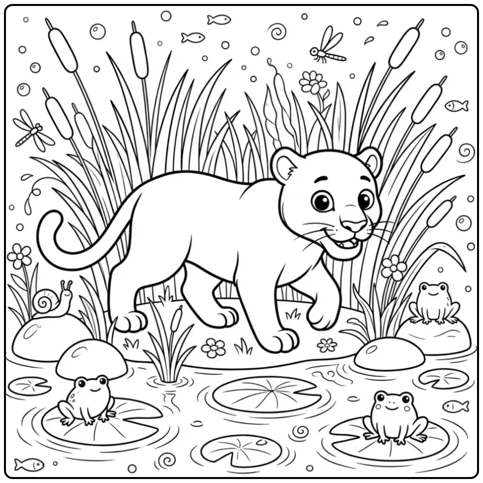 Schattige kleurplaat panter in moeras met riet en kikkers.