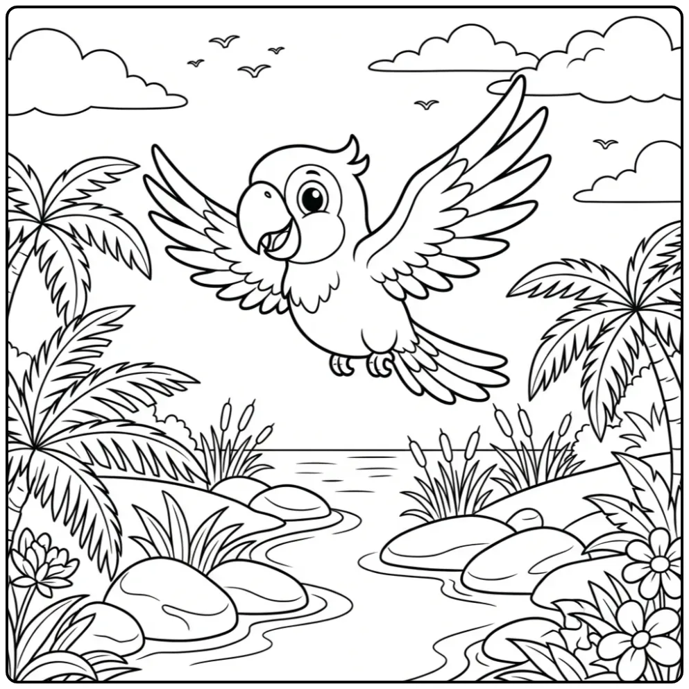 Kleurplaat papegaai vliegend over een jungle rivier.