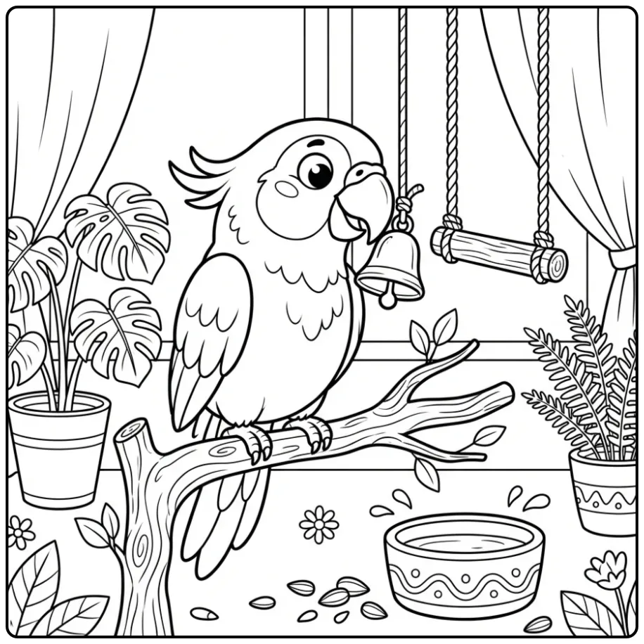 Leuke kleurplaat papegaai op een stok met belletje en touw.