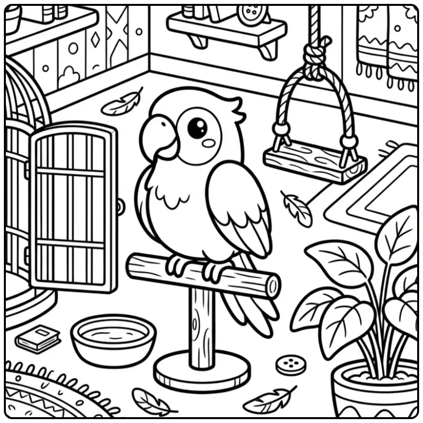 Schattige kleurplaat papegaai zittend op een houten stok.