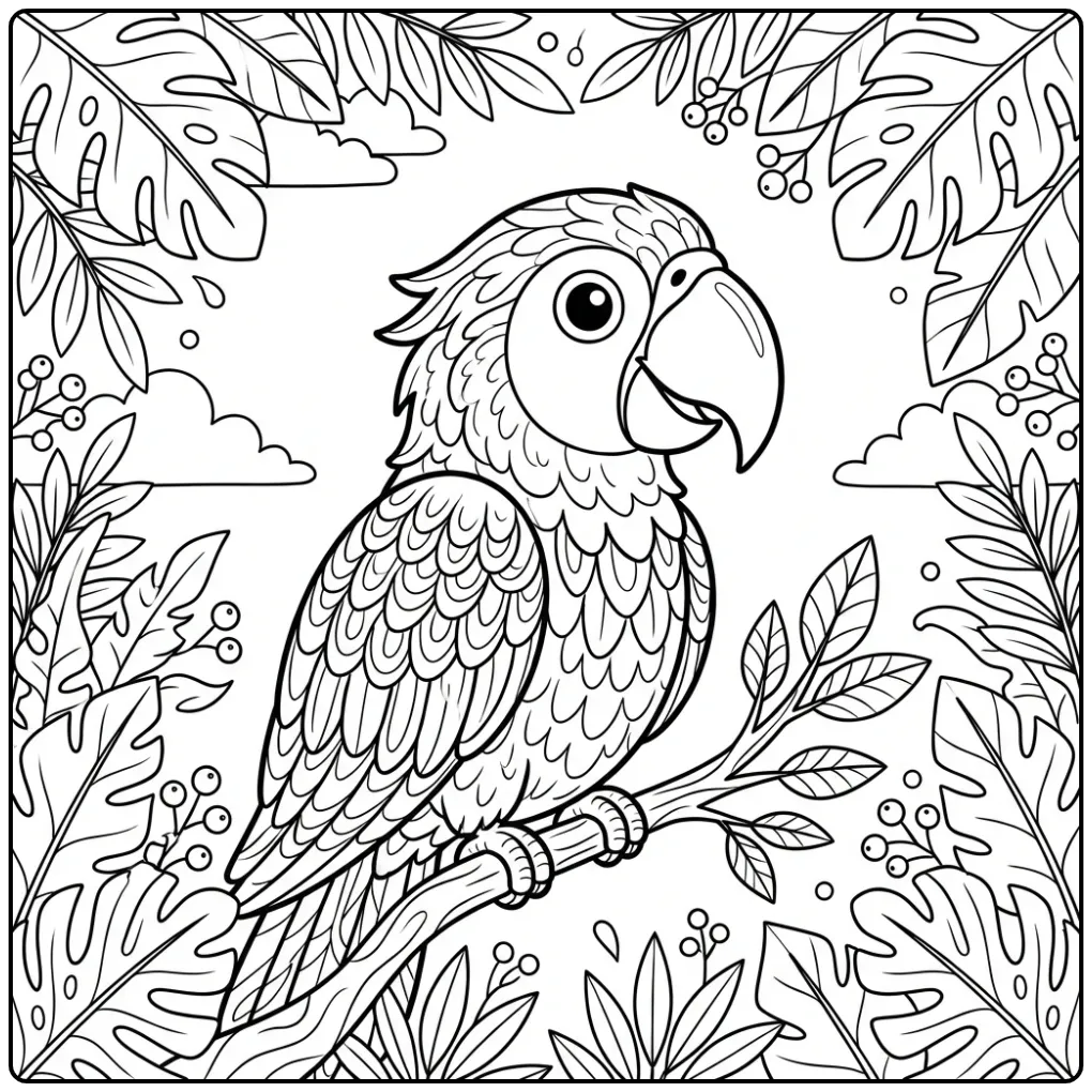Schattige kleurplaat papegaai op een tak tussen jungle bladeren.
