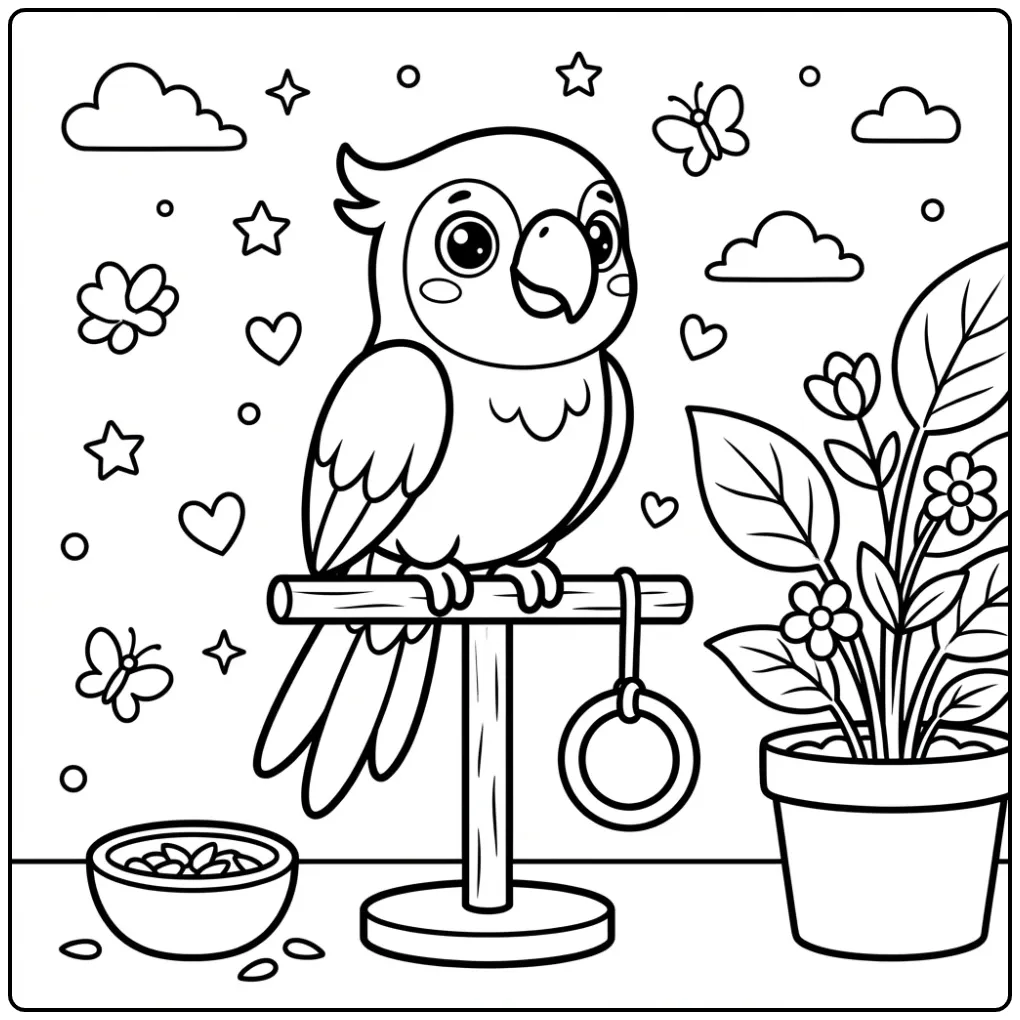 Schattige kleurplaat papegaai peuters met speelgoed en plant