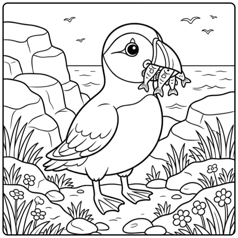 Schattige kleurplaat papegaaiduiker met visjes op een rots