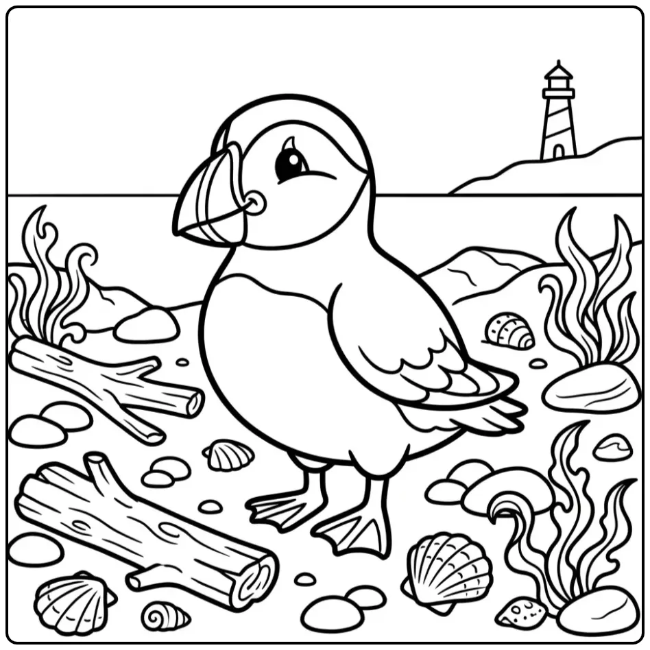 Leuke kleurplaat papegaaiduiker op het strand met schelpen