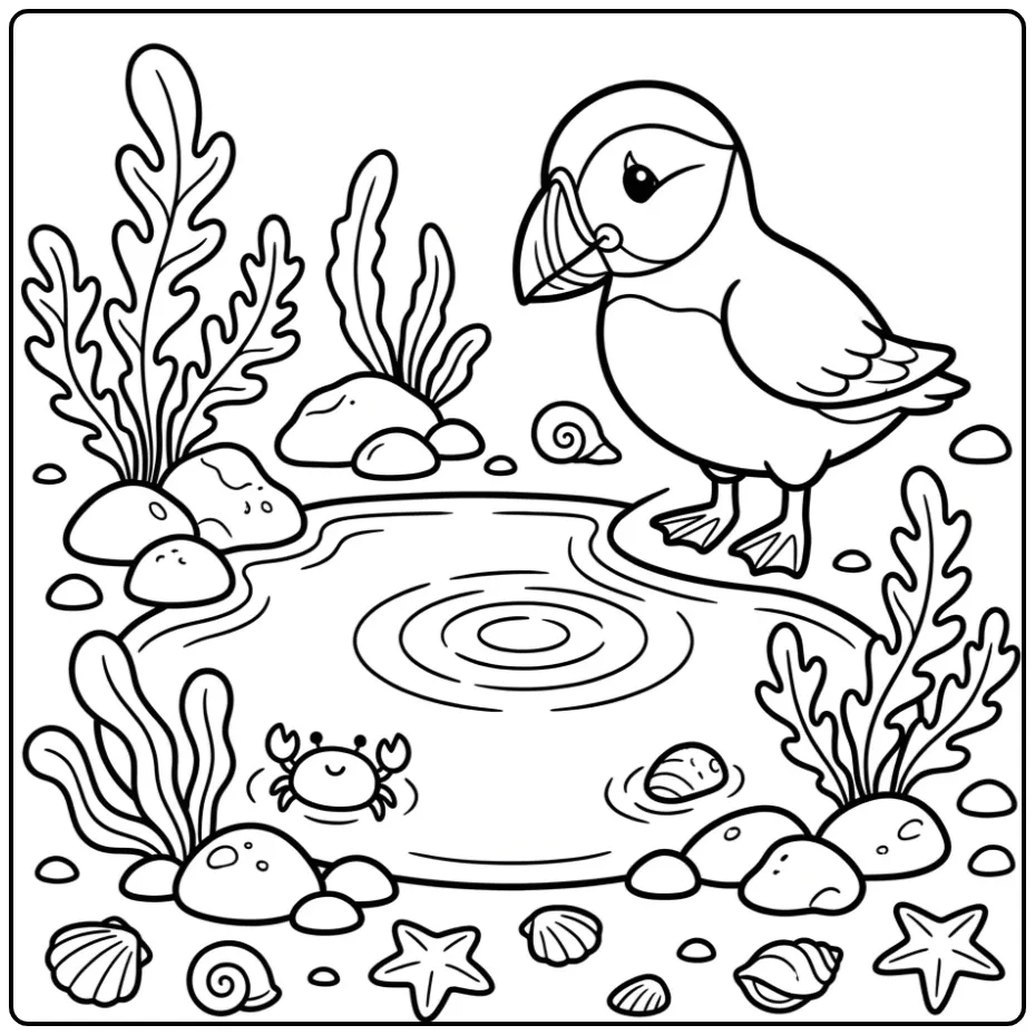 Schattige kleurplaat papegaaiduiker bij een getijdenpoel.