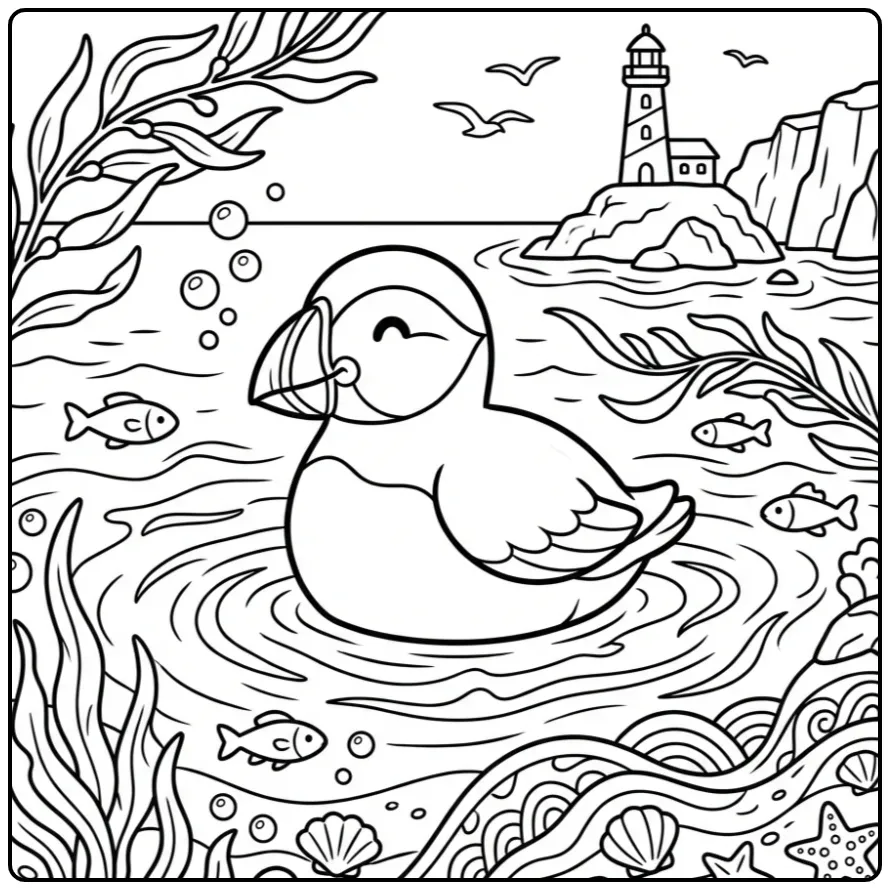 Schattige kleurplaat papegaaiduiker drijvend op zee.
