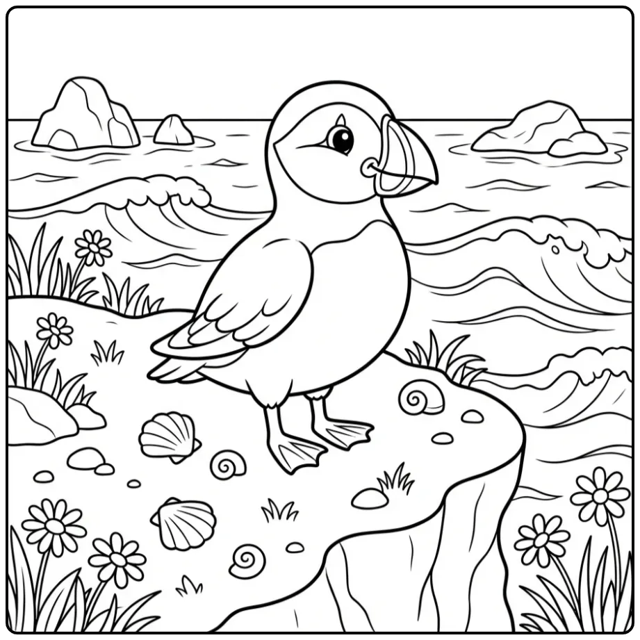 Schattige kleurplaat papegaaiduiker aan zee met bloemen.