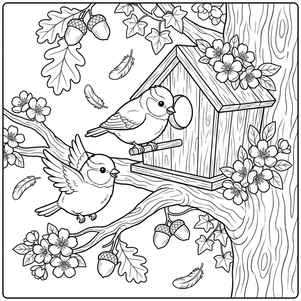 Schattige kleurplaat pimpelmees met vogelhuisje en bloemen.