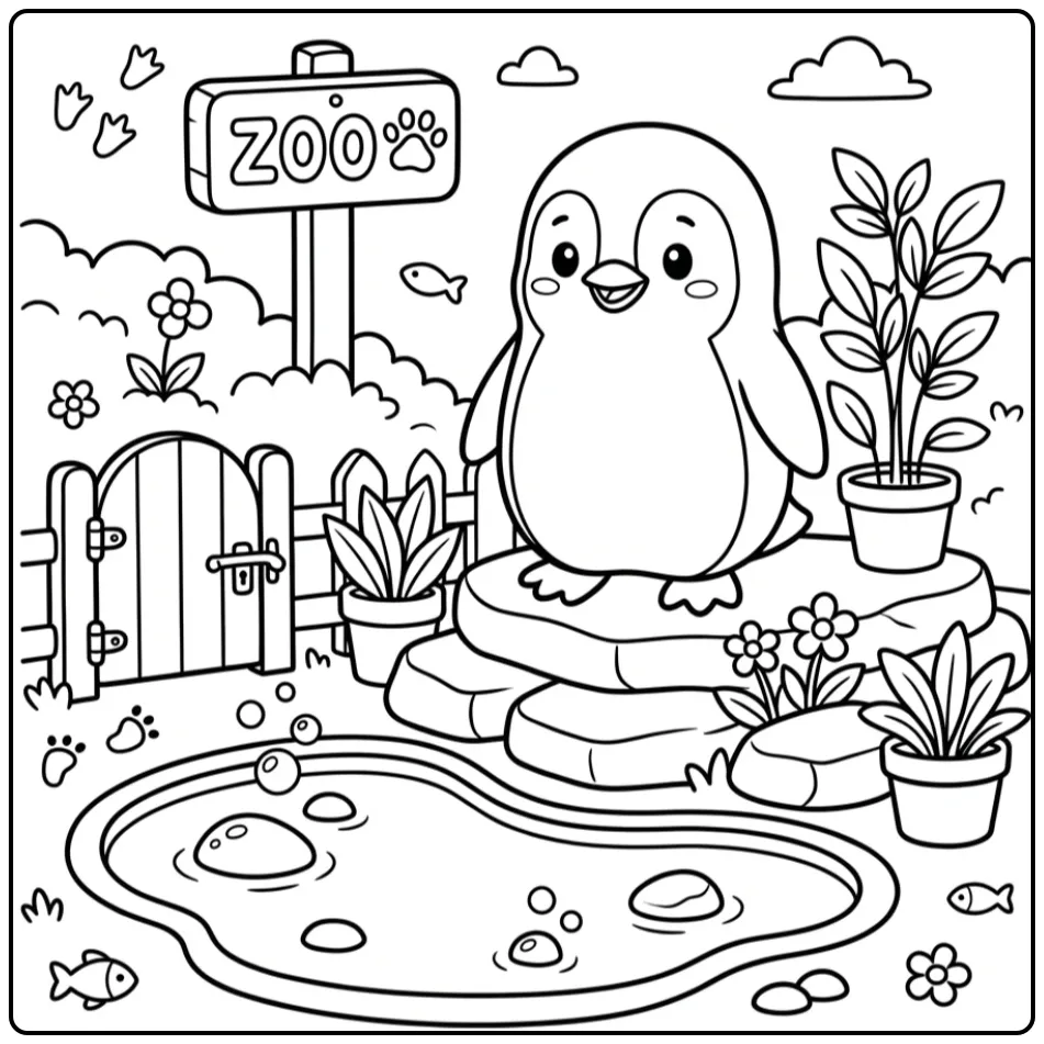 Leuke kleurplaat pinguin bij een waterpoel met stenen.