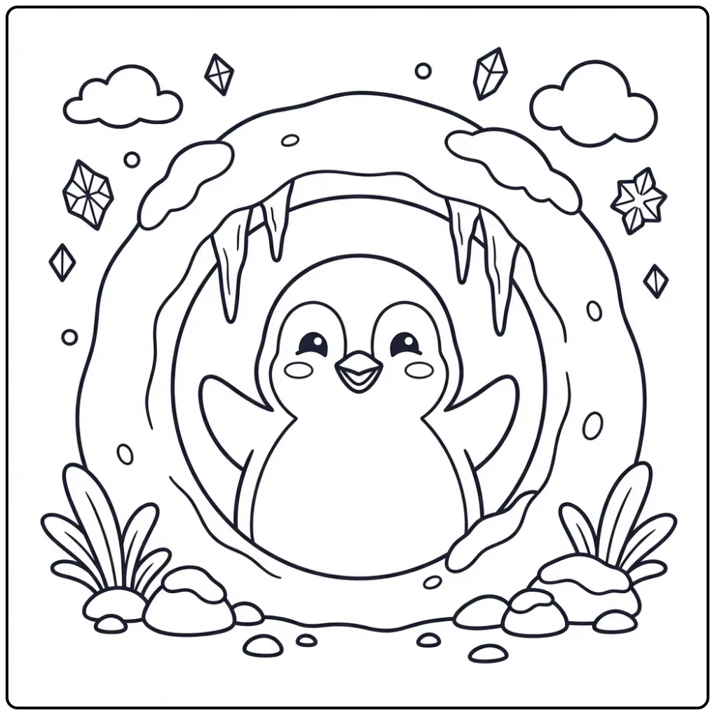 Speelse kleurplaat pinguin die uit een tunnel kijkt.